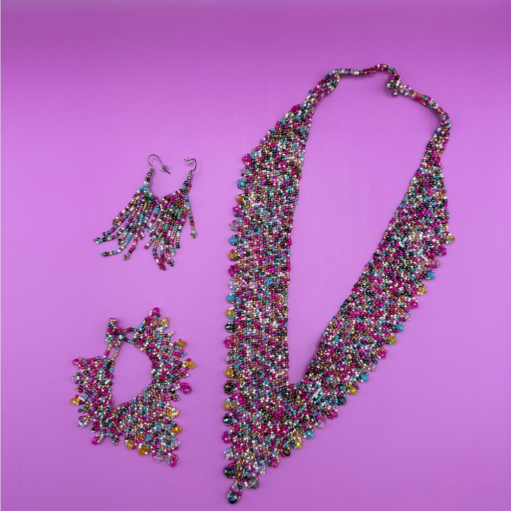 Multicolor Beaded Necklace, Bracelet, and Earrings Set